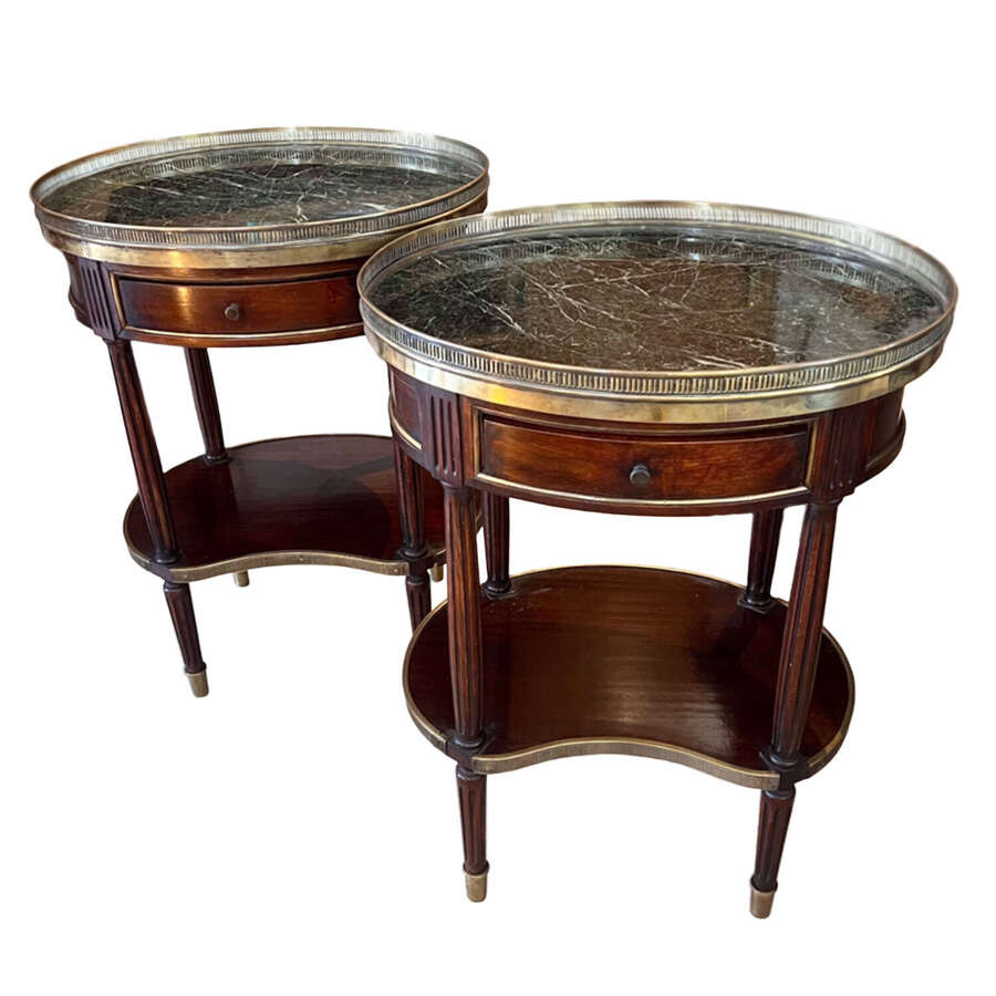 Pair of Bouillotte Tables with Marble Top, Brass Galleries and One Drawer