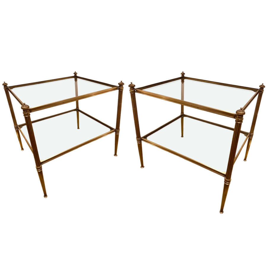 Pair of Midcentury Brass Side Tables, Two Tier with Clear Glass, French