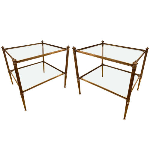 Pair of Midcentury Brass Side Tables, Two Tier with Clear Glass, French