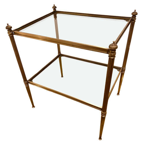 Pair of Midcentury Brass Side Tables, Two Tier with Clear Glass, French