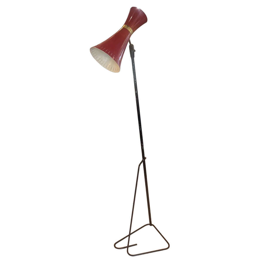Midcentury Italian Floor Lamp, Black Metal Frame & Bright Red Original Metal Shade