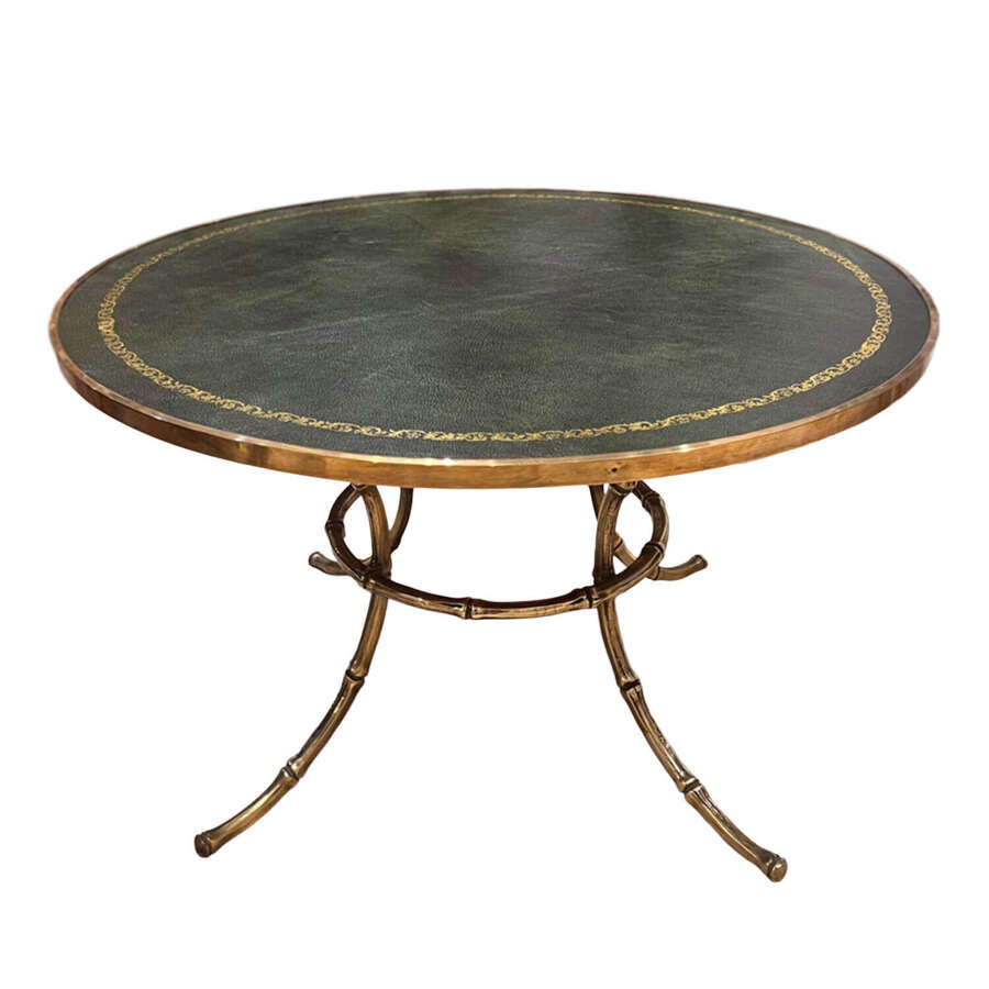 Midcentury Brass Faux Bamboo Table With Green Tooled Leather Top, French 1960s