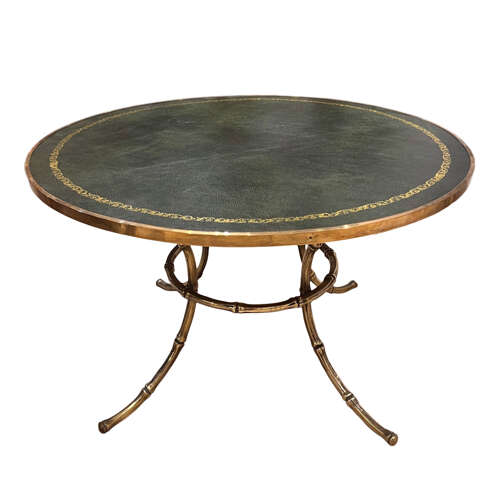 Midcentury Brass Faux Bamboo Table With Green Tooled Leather Top, French 1960s