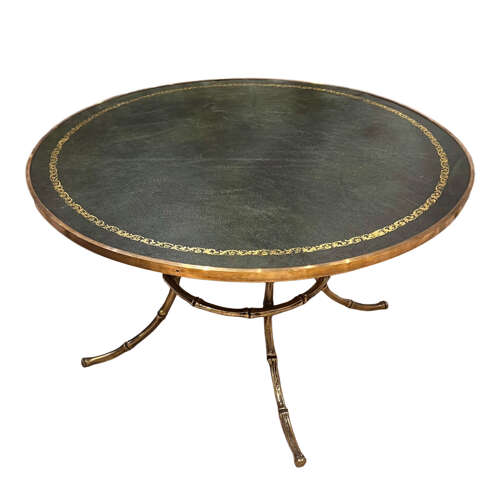 Midcentury Brass Faux Bamboo Table With Green Tooled Leather Top, French 1960s
