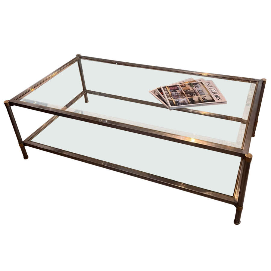 Midcentury Large Coffee Table, Steel With Brass Detailing & Clear Glass, French 1960s