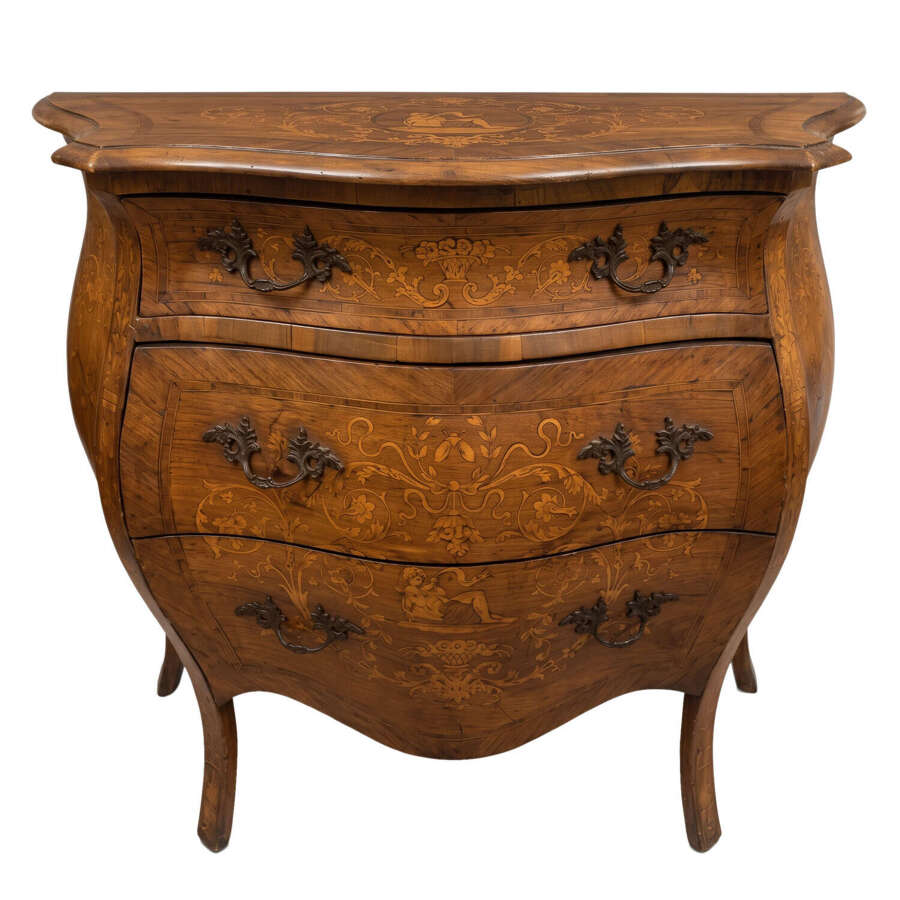 Dutch 19th Century Bombe Commode, Decorative Marquetry, Three Drawers