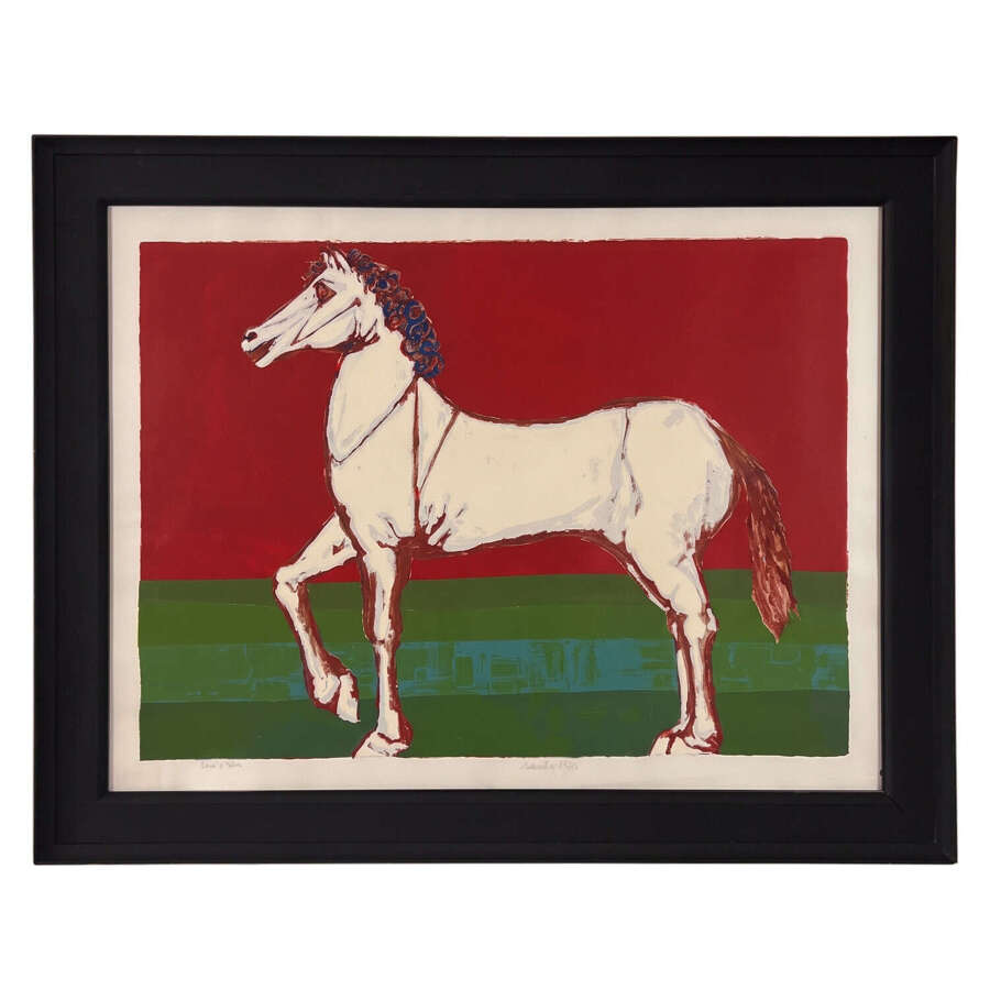 Large Framed Lithograph of a Horse, Signed "Saulo 1970"