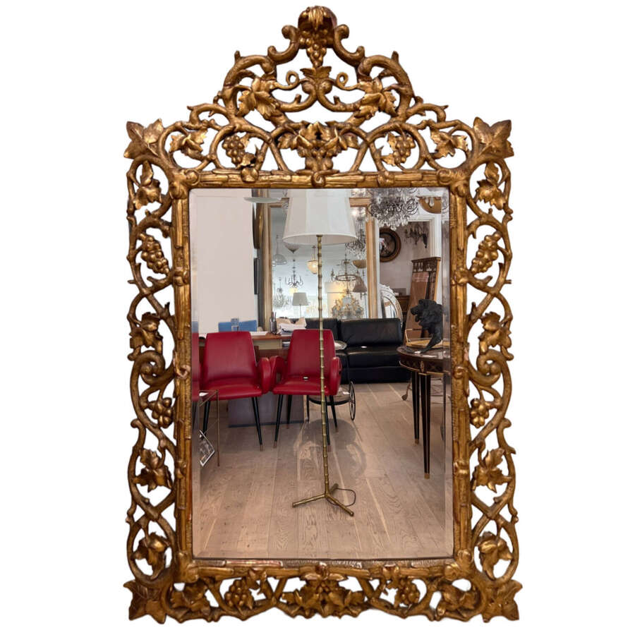 Large Decorative Carved Giltwood Wall Mirror with Vines, French 19th Century