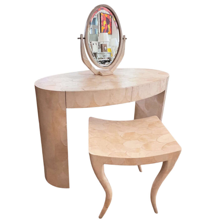 R&Y Augousti Parchment Dressing Table, Stool & Mirror, Paris 1980s
